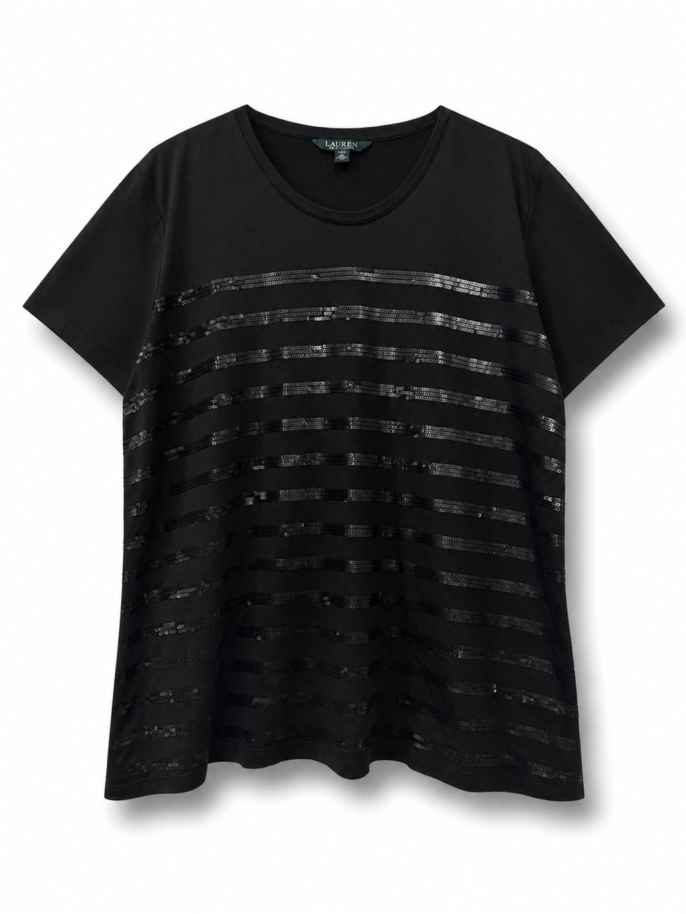 Lauren Ralph Lauren Womens XXL Top Black Striped Sequins Short Sleeve Blouse